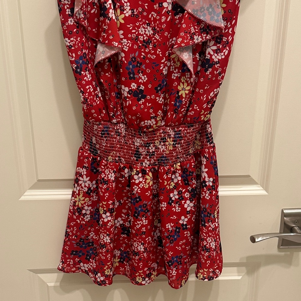 Parker Red Floral Blue Yellow White Print V-Neck Ruffle Elastic Mini Dress XS - Picture 7 of 7